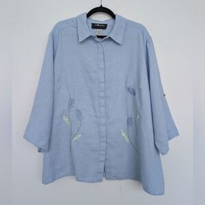 Vintage 100% Linen Floral Light Blue Embroidered Blouse Sz 22W Sag Harbor